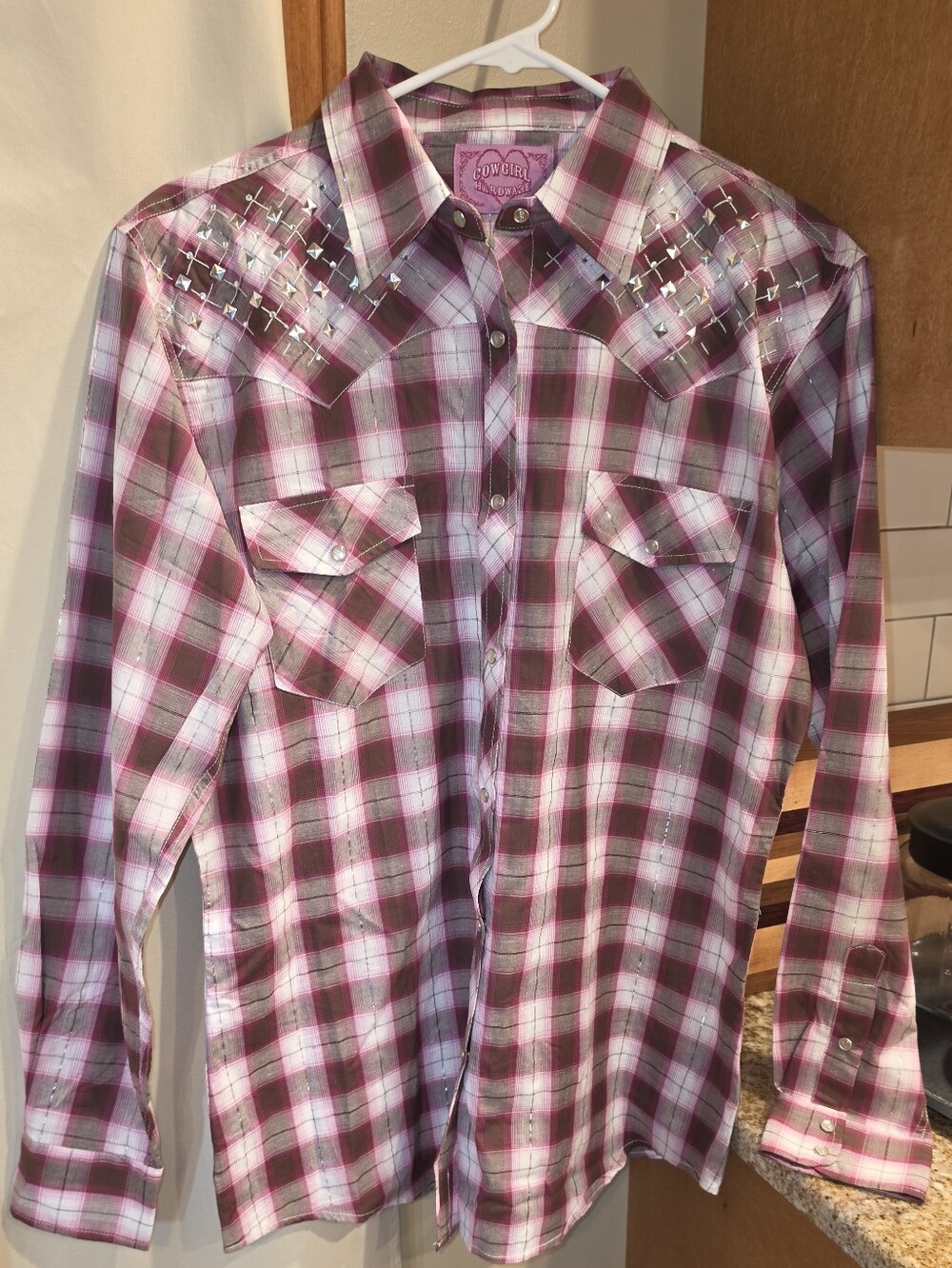Cowgirl Pink Plaid Button-Down Western Shirt with Stud Accents